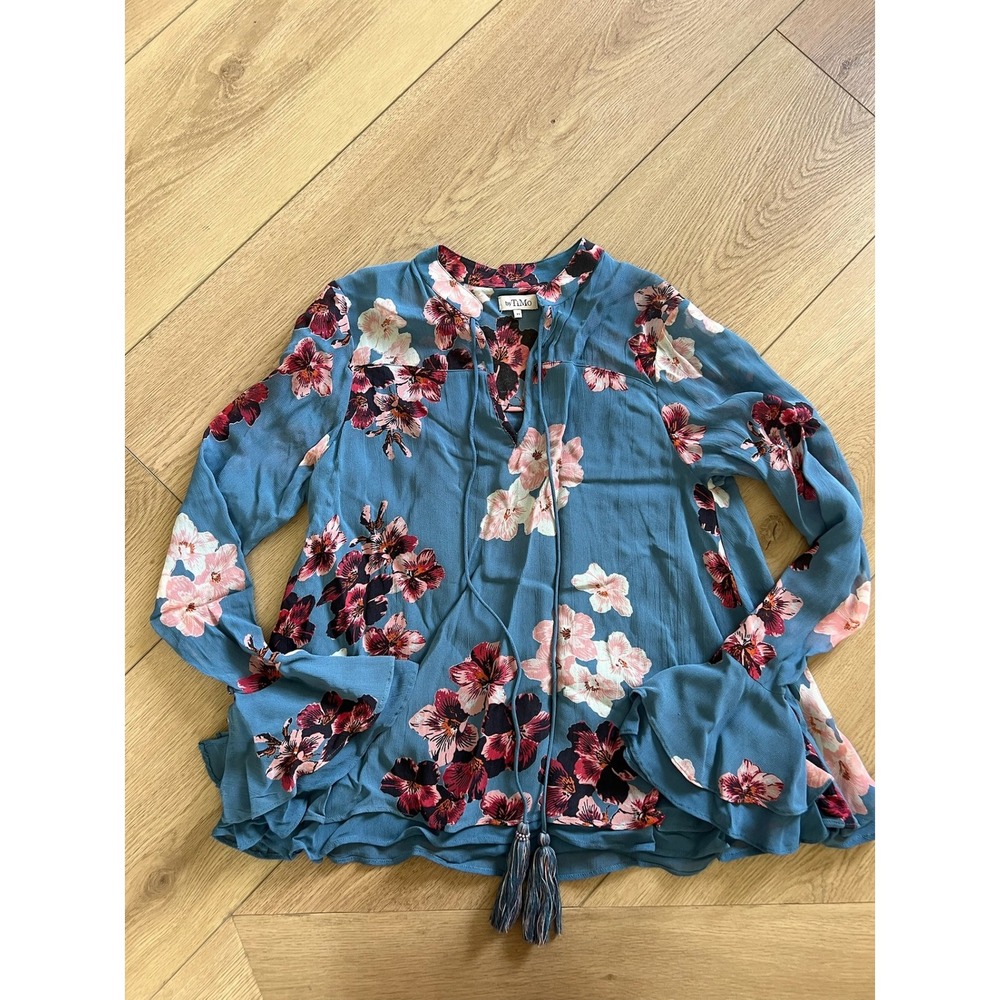 By Timo Floral Print‎ Blouse Top XS Blue Pink Long Sleeve Tassel Boho Chic